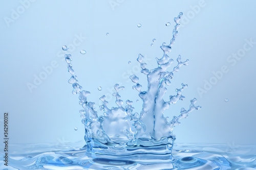 Water crown splash. Fresh blue clean mineral, micellar water, liquid fluid texture wave, abstract corona splash isolated, blue background. Healthy drink 3D splash, beauty advertising design element