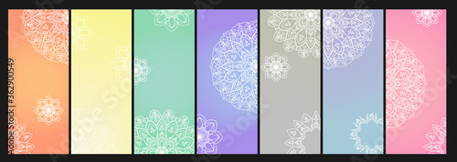 Mandala cards collection of yoga in pastel colors.  Hand drawn mandala design. Vector templates for printing posters, advertising banners, yoga studio and spa.