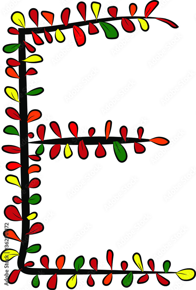 Colorful autumn Latin alphabet. The letter E is drawn by hand with a brush. Black branches and red, green, orange, yellow leaves. Foliage of a Bush. Vector image. Calligraphy and lettering.Eco, nature