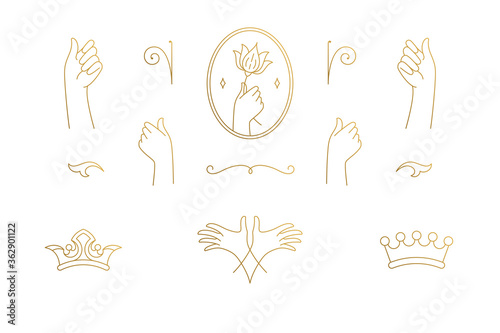 Vector line elegant decoration design elements set - crowns and gesture hands illustrations minimal linear style