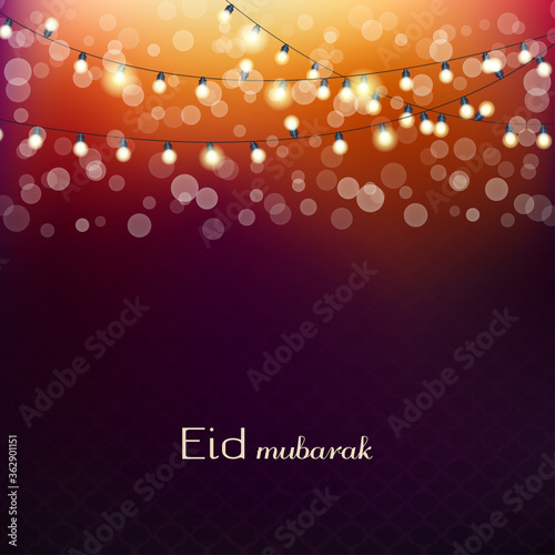 Eid mubarak greetings background. Blue night background with shiny lights. Vector illlustration