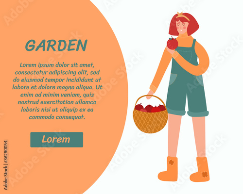 Gardening. A pretty woman gathered apples. Vector illustration with place for your text.
