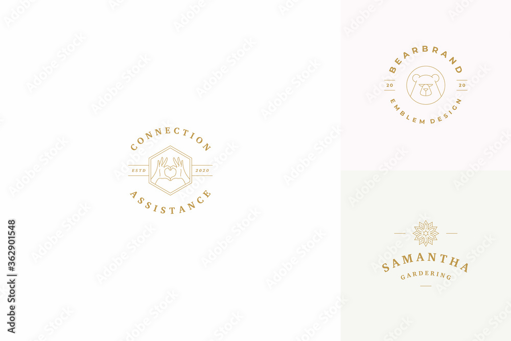 Vector line logos emblems design templates set - female gesture hands illustrations simple minimal linear style Vector line logos emblems design templates set - female gesture hands illustrations simple minimal linear style