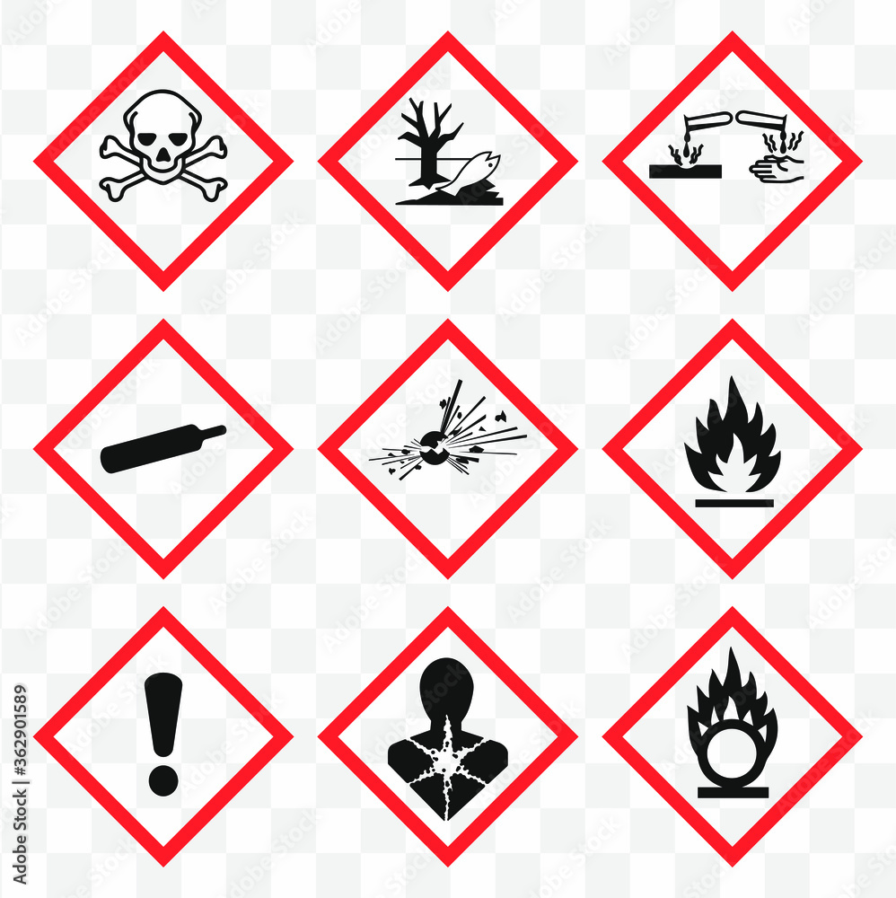 GHS pictogram hazard sign set. Isolated on  background. Dangerous, hazard symbol icon collection. Vector illustration image. - obrazy, fototapety, plakaty 