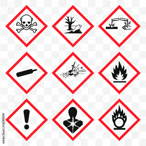 GHS pictogram hazard sign set. Isolated on  background. Dangerous, hazard symbol icon collection. Vector illustration image. photo