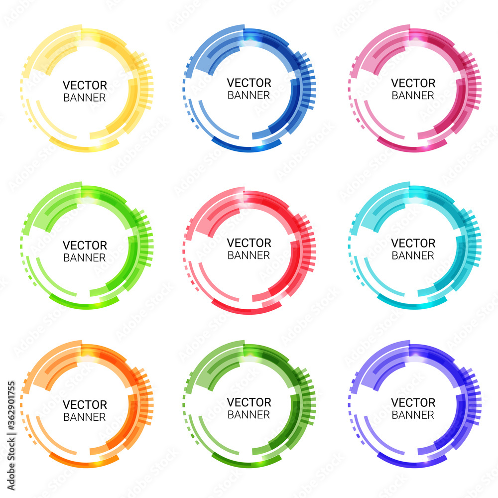 Colorful round abstract banners. Technology circles. Graphic banners design. Vector label tags Colorful round abstract banners. Technology circles. Graphic banners design. Vector label tags