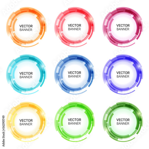 Colorful round abstract banners. Technology circles. Graphic banners design. Vector label tags