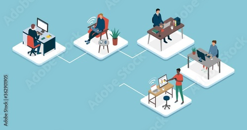Business people connecting and working from home together, technology and teleworking concept photo