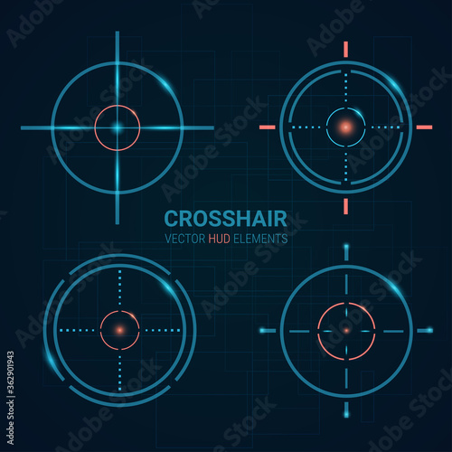 Set of vector targets templates. Crosshair design.   Shooting marks  Game Interface Element. Aims Vector illustration