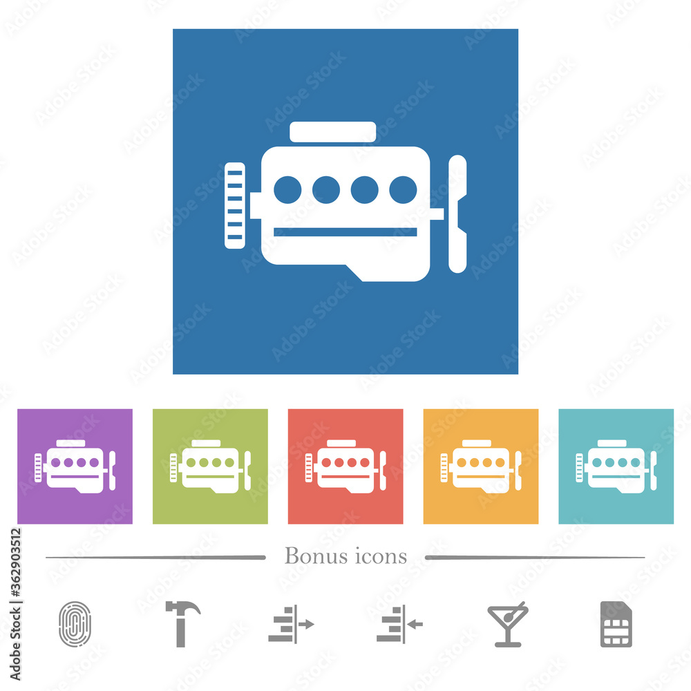 Engine symbol flat white icons in square backgrounds Engine symbol flat white icons in square backgrounds