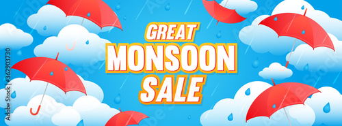 Great Monsoon Sale Banner Vector Illustration. rainy season promotion with red umbrellas