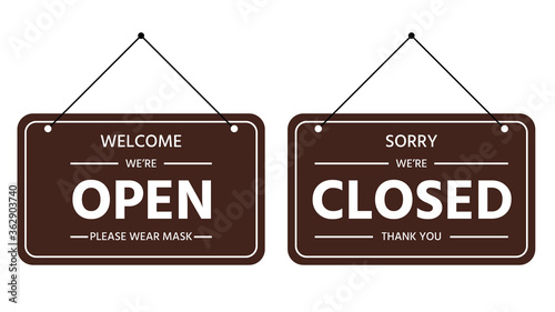 welcome we're open please wear mask sign and sorry we're closed sign on signboard with rope for business, online shopping, vector illustration design, isolate on white background, flat icon,door sign