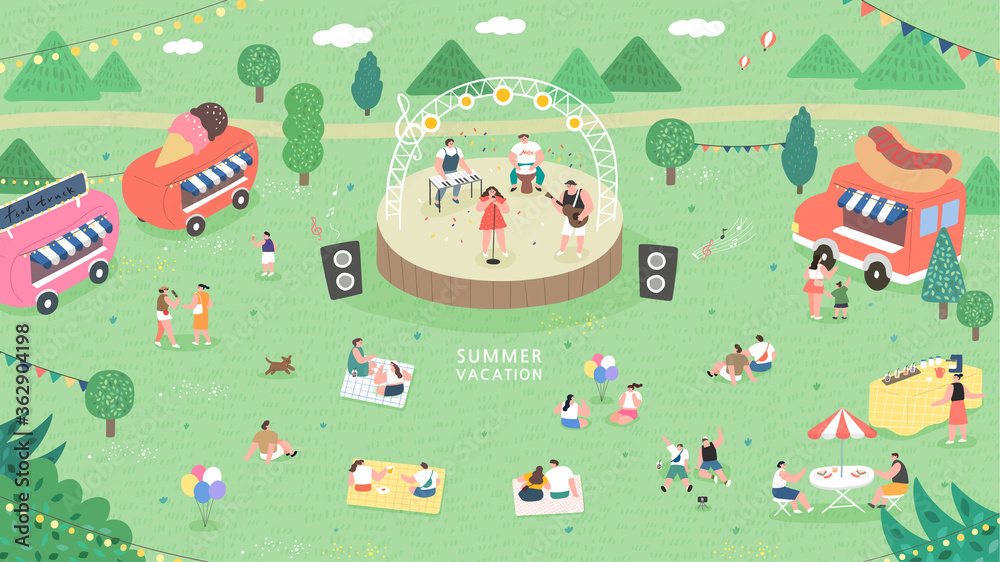 outdoor music festival concept illustration. People have picnic in park. People sits on green grass, eats on picnic, spend summer weekend outdoors.
