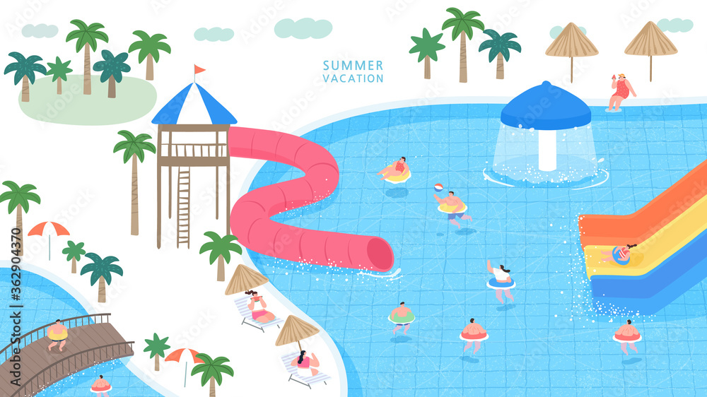 A vector illustration of peoples playing in the water park. 
 - obrazy, fototapety, plakaty 