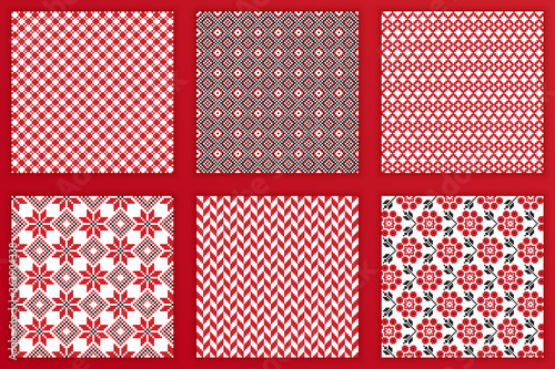 Slavic geometric seamless patterns set. Vector illustration of tileable Slavic embroidery backgrounds