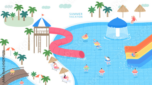 A vector illustration of peoples playing in the water park. 
