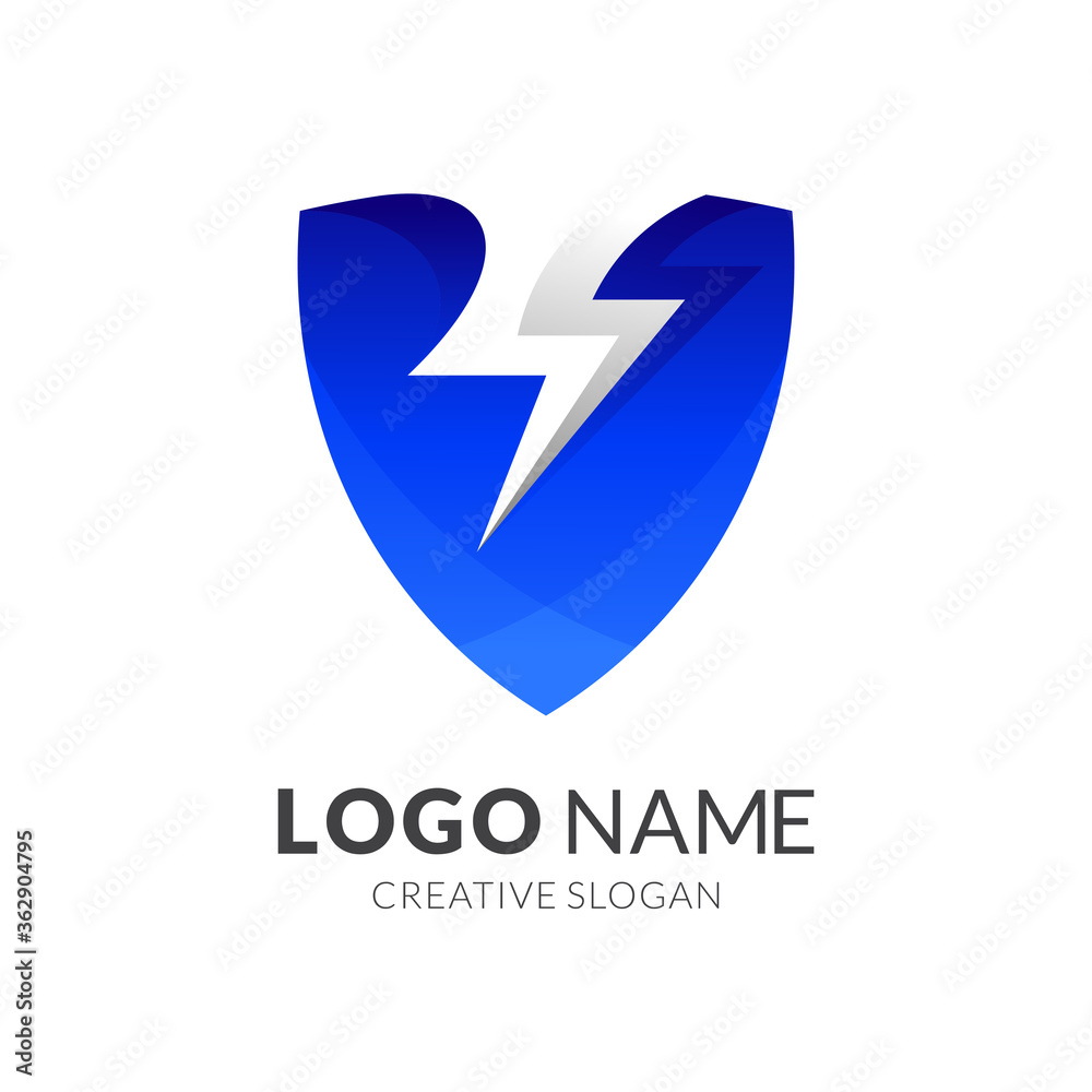 Shield logo with thunder, simple emblem/badge logo design Shield logo with thunder, simple emblem/badge logo design