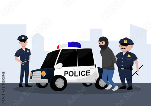Two police officers arresting a criminal into a police car, vector illustration, flat cartoon style.