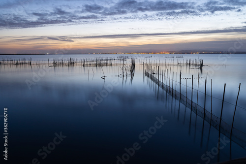 Sunset over the lake  with fising nets. Albufera  Valencia  Spain