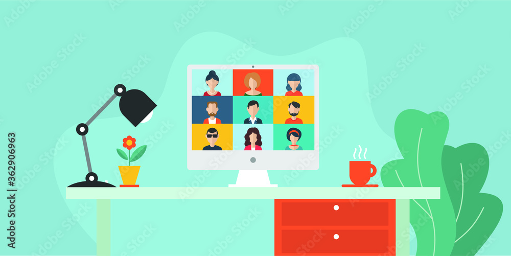 flat design concept video conference online meeting work form home. flat design concept video conference online meeting work form home.