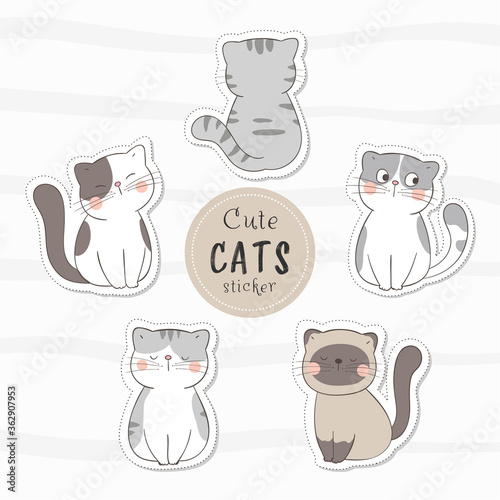 Draw collection stickers cute cat.Doodle cartoon style.