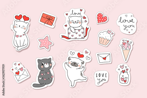 Draw collection stickers cat in valentine concept.Doodle cartoon style.