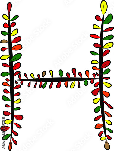 Obraz na płótnie Colorful autumn Latin alphabet. The letter H is drawn by hand with a brush. Black branches and red, green, orange, yellow leaves. Foliage of a Bush. Vector image. Calligraphy and lettering.Eco, nature w salonie