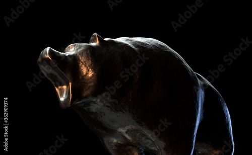 A metal casting depicting a bear in dark dramatic light representing opposing financial market trends - 3D render