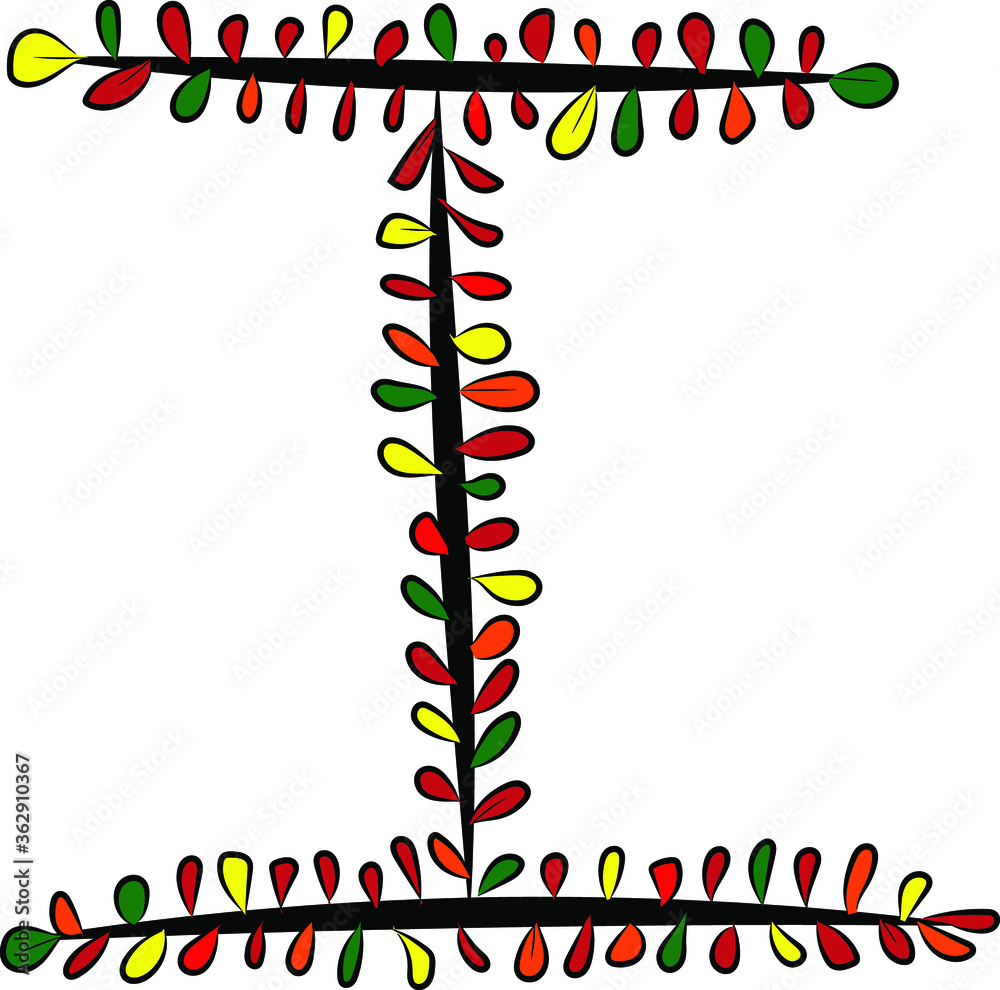 Colorful autumn Latin alphabet. The letter I is drawn by hand with a brush. Black branches and red, green, orange, yellow leaves. Foliage of a Bush. Vector image. Calligraphy and lettering.Eco, nature