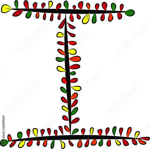 Obraz na płótnie Colorful autumn Latin alphabet. The letter I is drawn by hand with a brush. Black branches and red, green, orange, yellow leaves. Foliage of a Bush. Vector image. Calligraphy and lettering.Eco, nature w salonie