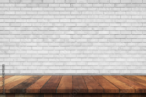 Empty wood table over white brick wall background  product montage display background