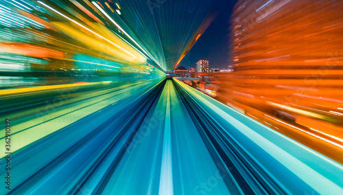 Abstract high speed technology POV train motion blurred concept from the Yuikamome monorail in Tokyo, Japan