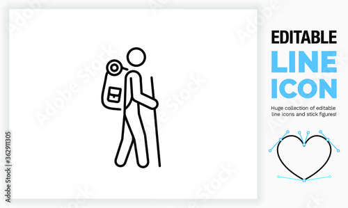 Editable line icon of a backpacker on adventure! 
