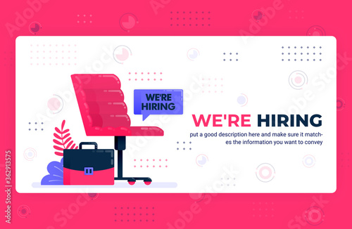 Vector poster illustration of we're hiring ads. Empty seat as symbol of vacancies to find talent and recruit employees. Can be used for website web mobile apps flyer background element banner template
