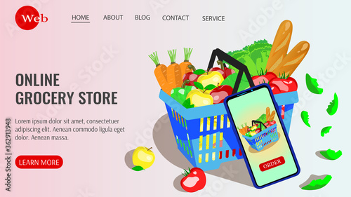 Website design for online grocery store. Grocery basket with smartphone.  Vector illustration. 
