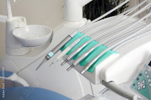 Dentist s instruments in dental clinic.Shallow depth of field  nobody