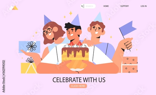 Group of happy smiling people holding gift box or presents and celebrating birthday or company anniversary. Men and women having birthday party with birthday cake. Grand opening with presents concept.