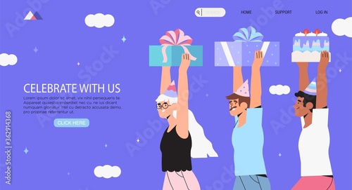Group of business people our employees walking with presents and cake and celebrating company anniversary, having birthday or new year and christmas party with gifts. Concept of Holiday celebration.