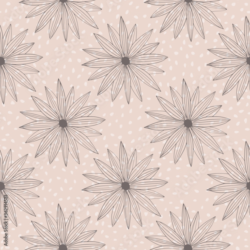 Retro pattern with black flowers on pink background with white dots. Vector illustration.