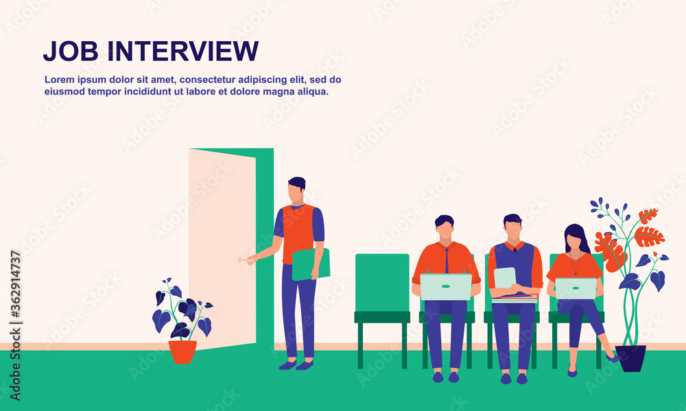 Candidates Waiting Outside For A Job Interview. Human Resources And Recruitment. Full Length. Flat Design.