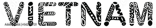 Vietnam. Black on white isolate inscription. Curves doodle freaky letters. Vietnam for print, clothing, t-shirt, souvenir, booklet, banner, flyer, card, tourist advertising. Stock vector picture.