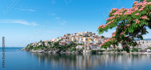 Panoramic view of popular tourist city Kavala, blue sea and sky and blooming Persian silk tree Albizia julibrissin. Beautiful seascape over Aegean Sea, eastern Macedonia, northern Greece. Copy space