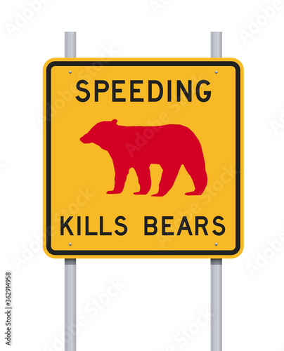 Vector illustration of the Speeding Kills Bears road sign on metallic posts