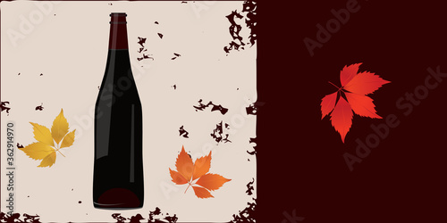 Bottle of wine, autumn maple leaves - abstract grunge background - vector. Holidays. Gift idea. Banner