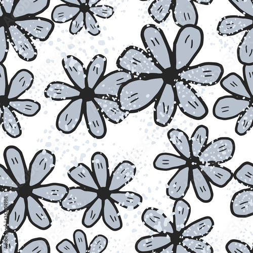 Monochrome chamomiles flowers seamless pattern isolated on white background. Abstract daisies floral endless wallpaper.