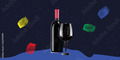 Bottle of wine, glass, colored pieces of ice - vector. Holidays. Gift idea. Banner photo