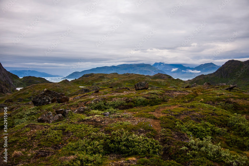 Green mountains in the fiords of Narsaq, South West Greenland
