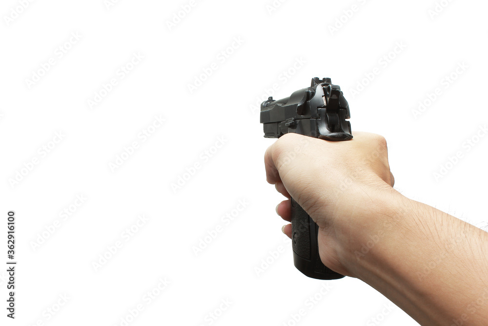 Pistol handgun weapon in hand in first person view isolated on white  background Stock-foto | Adobe Stock