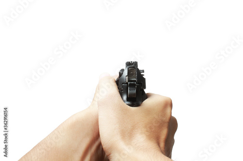 Pistol handgun weapon in hand in first person view isolated on white background photo