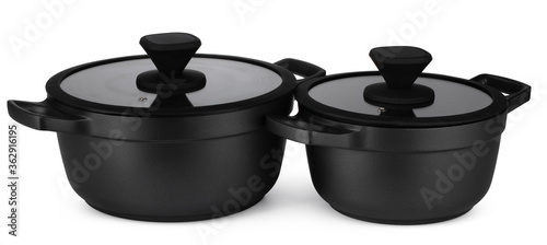 New set of black saucepans isolated on white